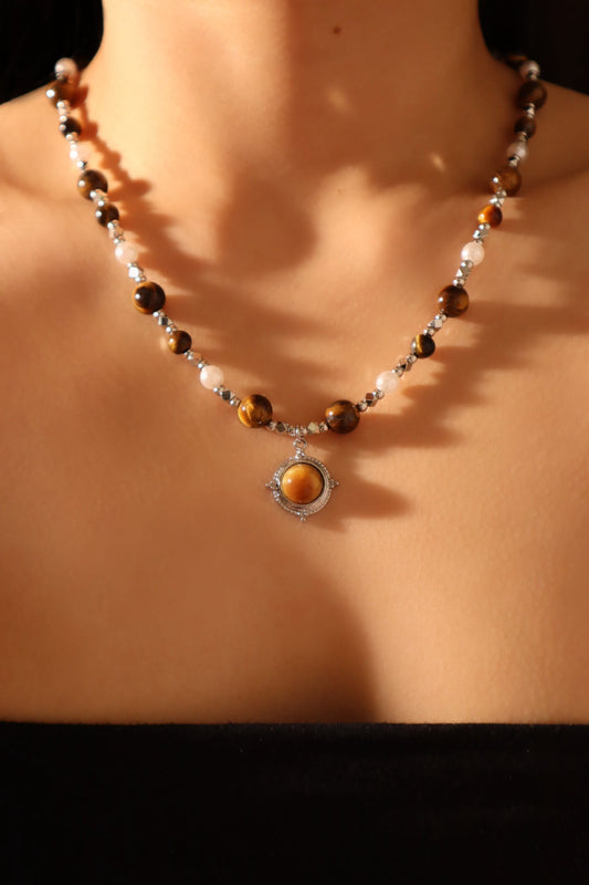 虎眼石棕色珍珠星星项链